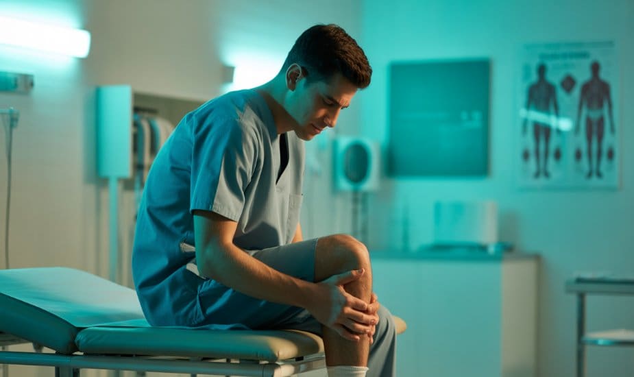 Joint pain on Mounjaro - person holding knee in clinical setting