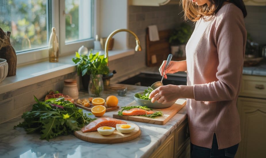 A woman preparing a colourful nutrient-rich meal with leafy greens, salmon, eggs, and citrus fruits in a sunlit kitchen
