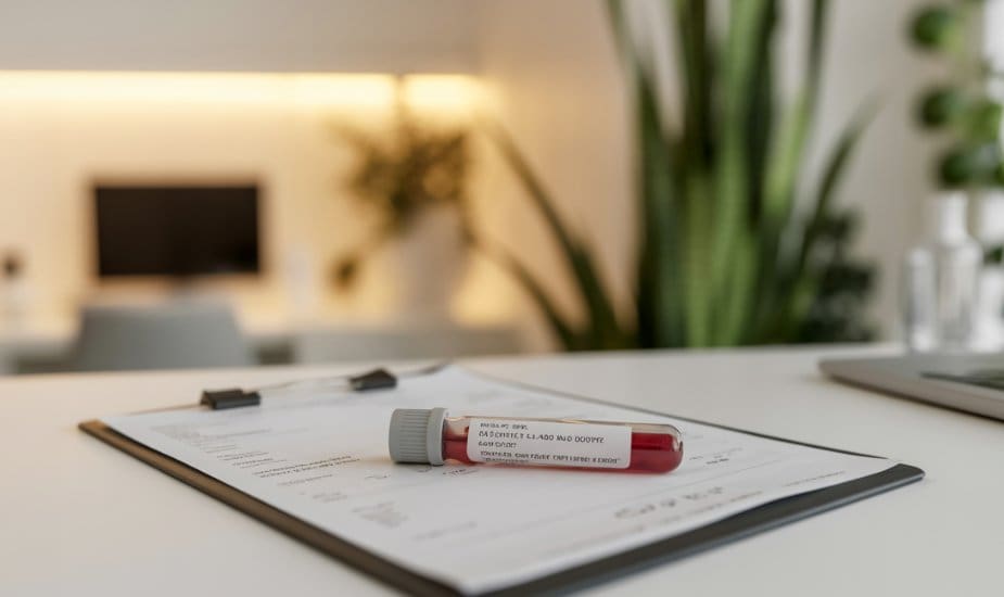 A blood test vial and lab report on a medical desk in a modern London clinic